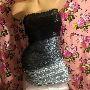 Strapless metallic silver black sexy bodycon dress